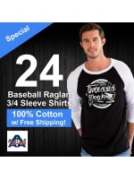 24 Custom Screen Printed  100% Cotton 3/4 Sleeve Baseball Tee -  Alstyle  1334 - Special