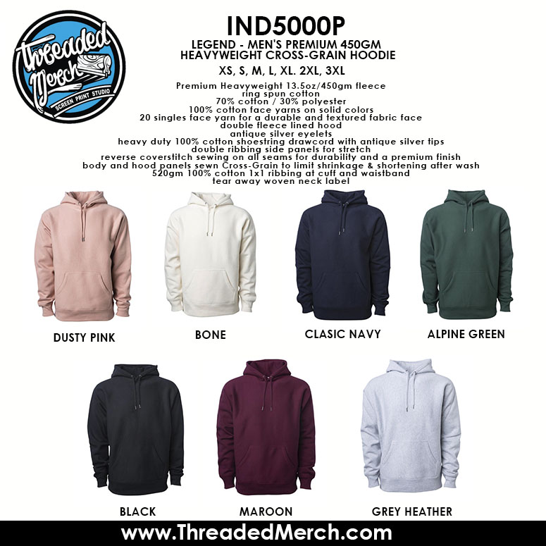 Custom Screen Printing Special - 100 Independent Trading Company IND500P  Men's Premium Heavy Weight Hooded Pull Overs -Threaded Merch Silk Screen  Studio